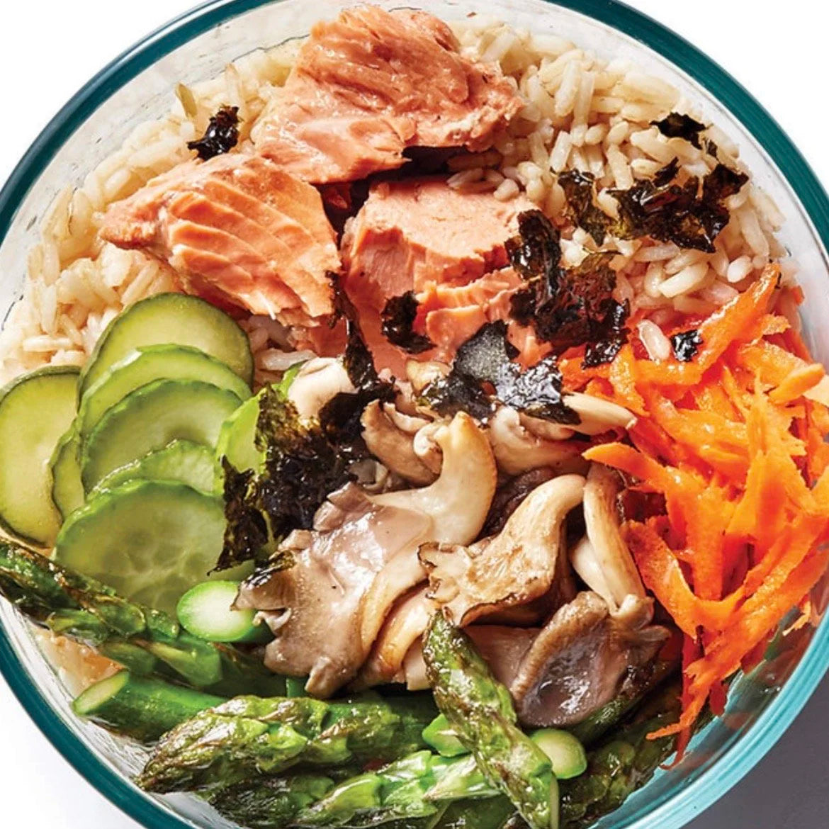 Salmon or Chicken Teriyaki Veggie Power Bowl with Carrot Ginger Dressing