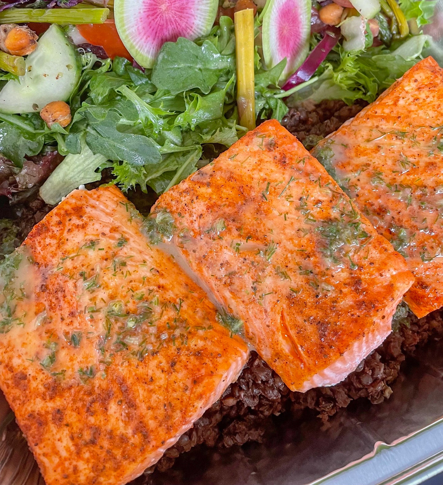 Tuscan Salmon Under a Brick with Crunchy Spring Salad