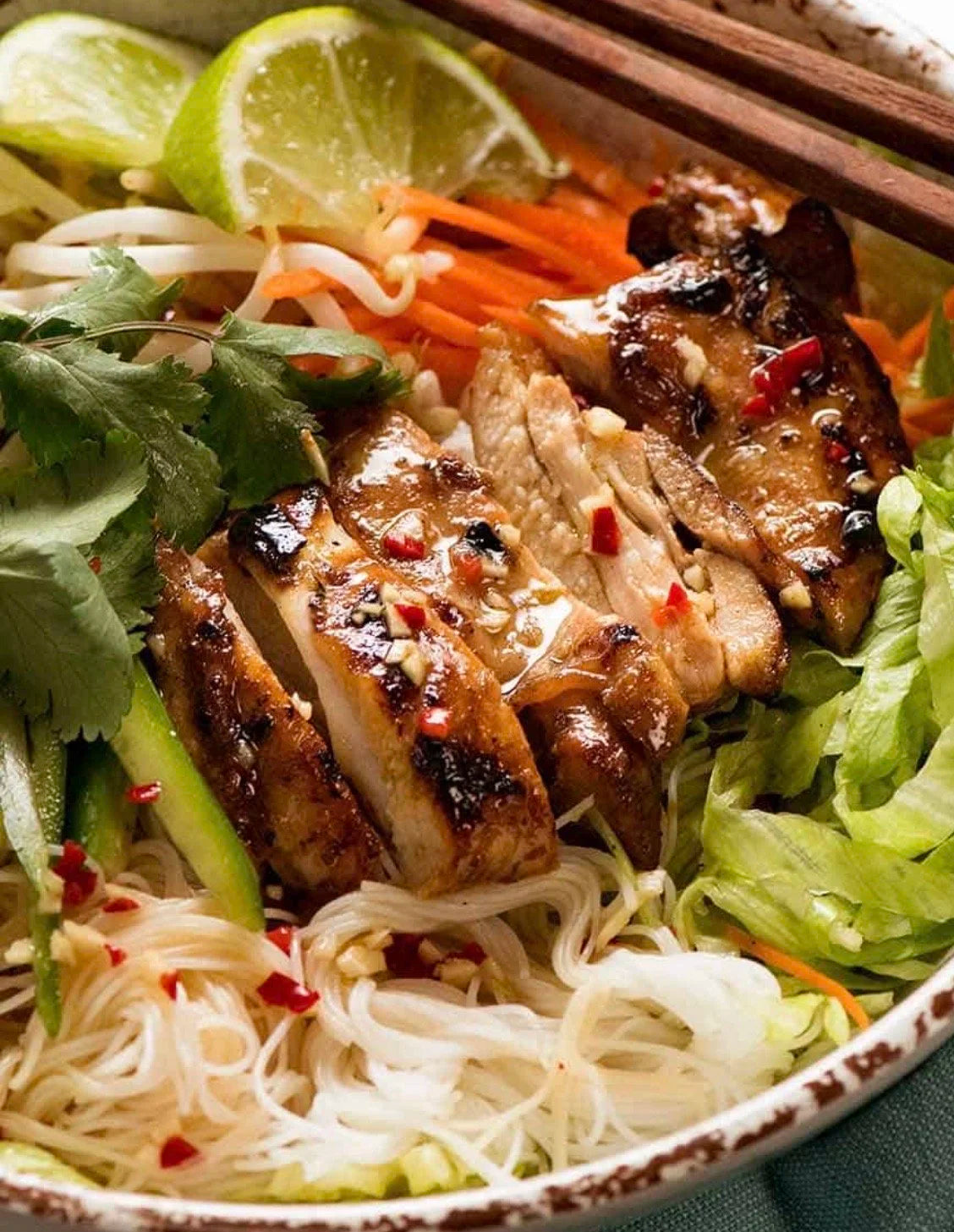 Vietnamese Chicken with Rice Noodles, Veggies and Magic Mustard Sauce