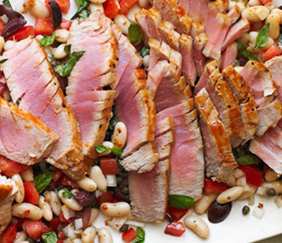 Slow Roasted Mediterranean Tuna with Shaved Zucchini and White Bean Pesto Salad