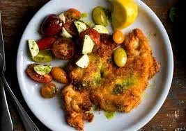 Chicken Schnitzel with Honey Rhubarb Sauce & Lemon Feta Orzo
