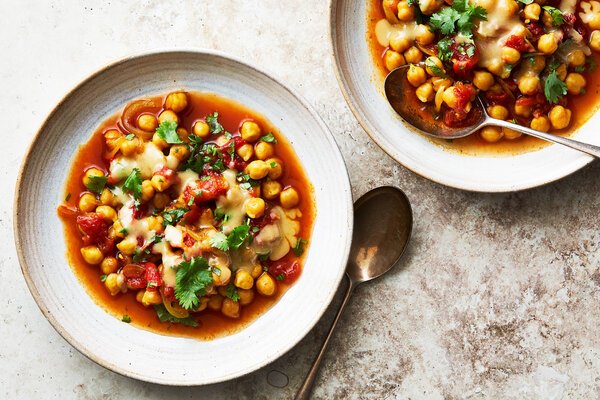 Tomato Braised Chickpeas with Tahini and Caulliflower