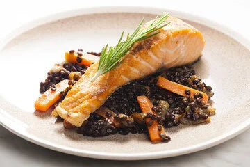 Salmon + Tomato Broth Beluga Lentils with Seasonal Veggies
