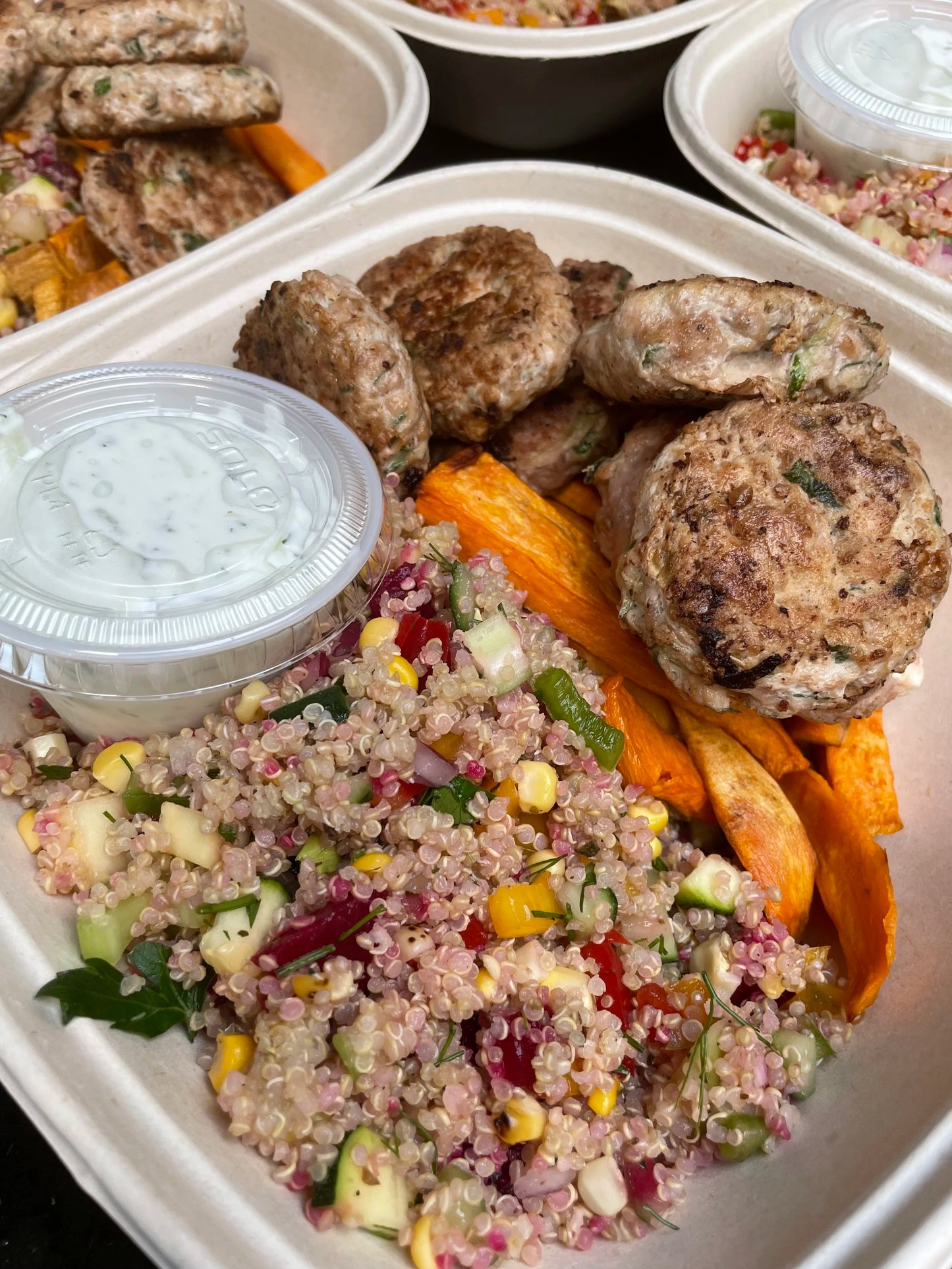 Pesto Turkey Sliders Over Greens with Dairy-Free Tzatziki and Greek Salad