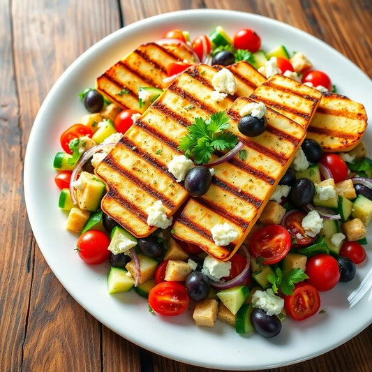 Lemon Dill Halloumi, Greek Salad, Yogurt Sauce (MON)