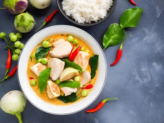 Sweet and Spicy Chicken Curry with Sticky Rice (Vegan option available)