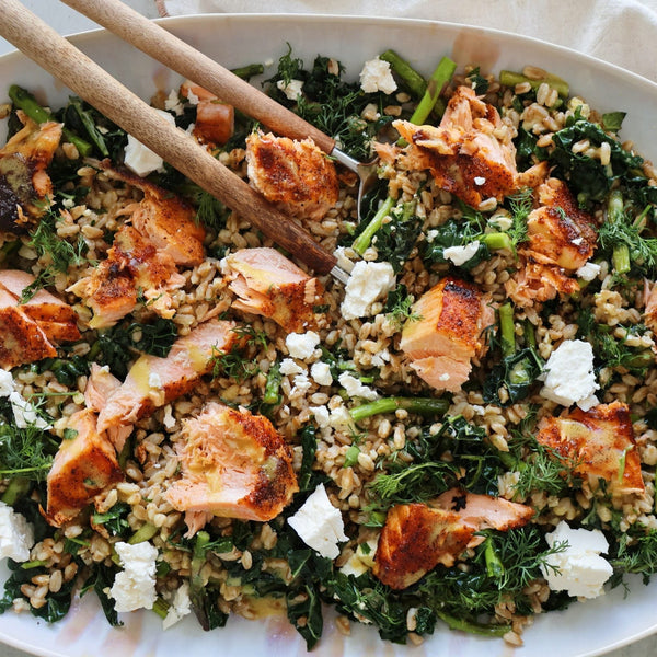 Maple Dijon Salmon over Farro, Sautéed Greens (WED)