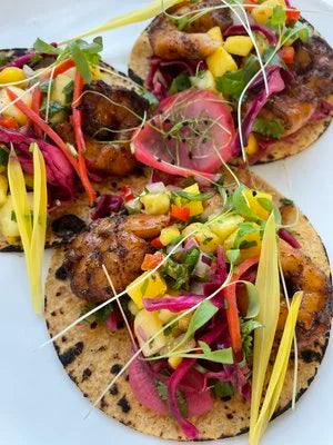 Blackened Shrimp or Chicken Tacos with Caribbean Peach and Mango Salsa (WED)