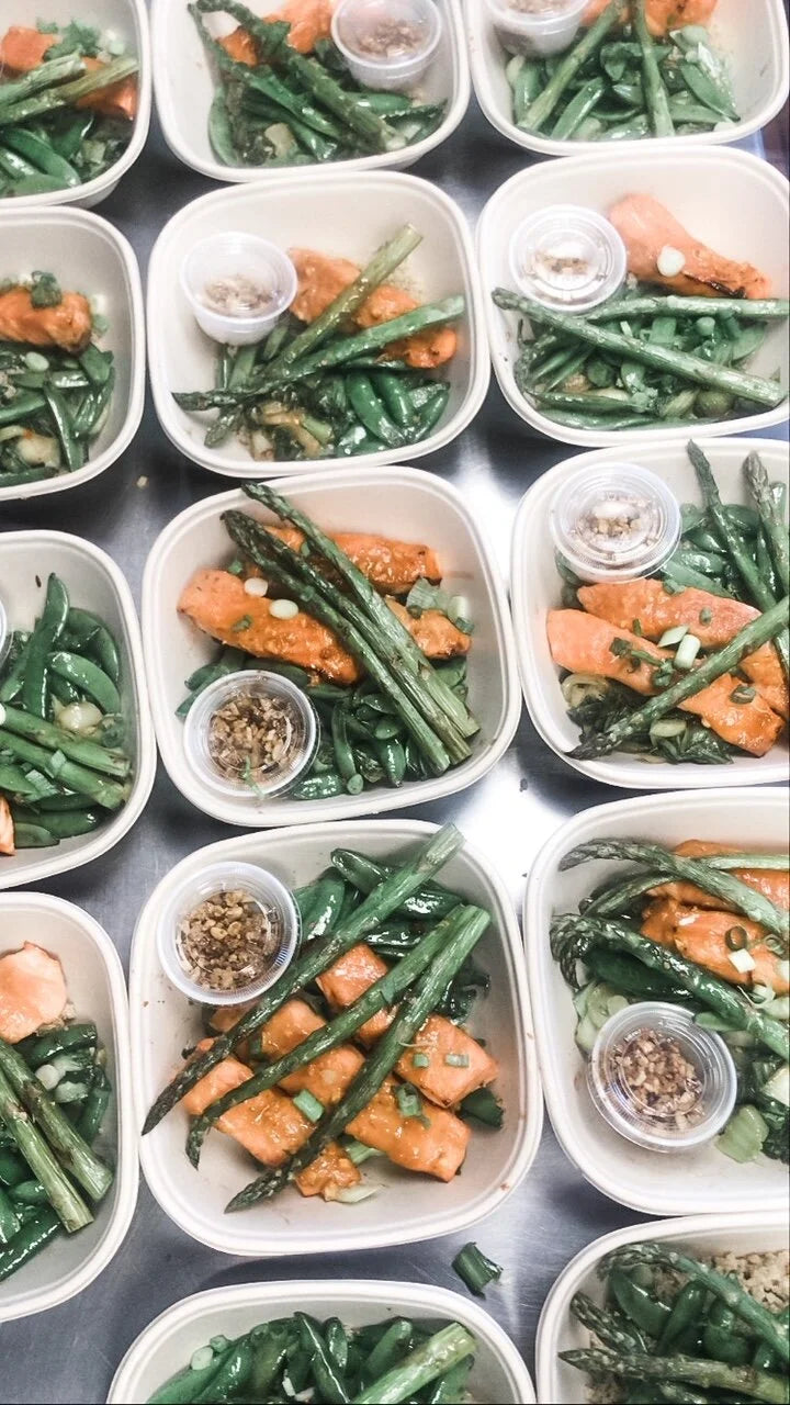 Miso Salmon with Sesame Broccoli Salad Over Pink Rice