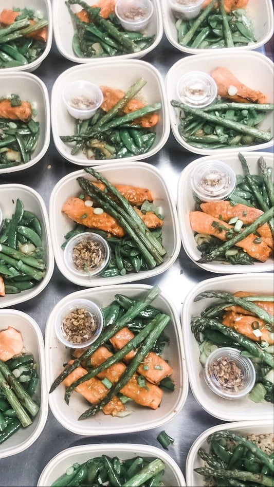 Miso Salmon with Sesame Broccoli Salad Over Pink Rice