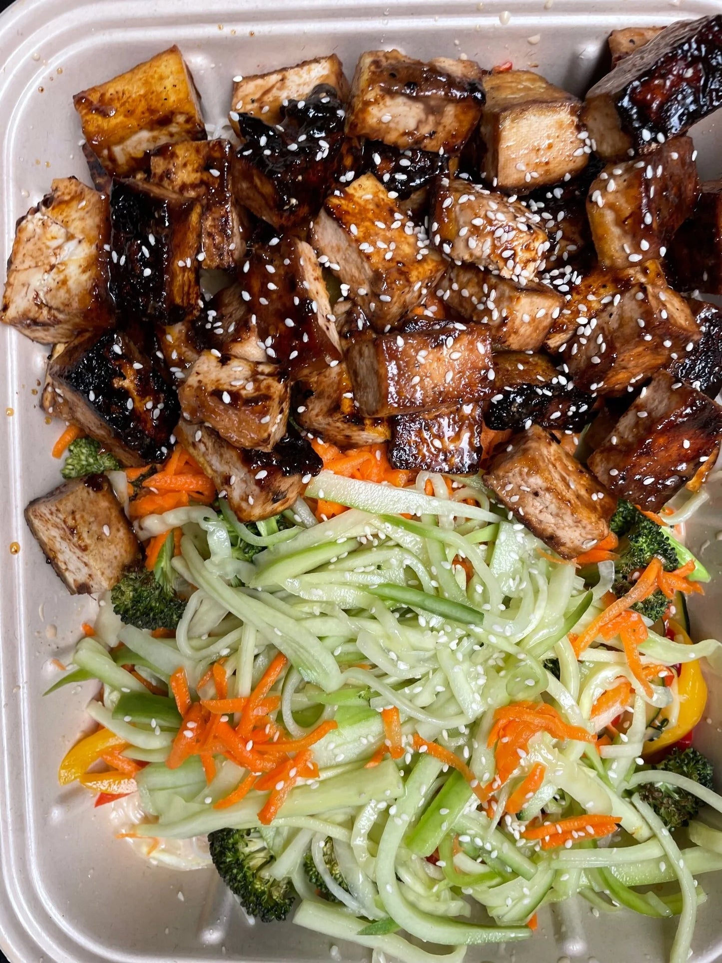 Sesame Tofu Over Green Rice and Stir Fried Summer Veggies  (Vegan)