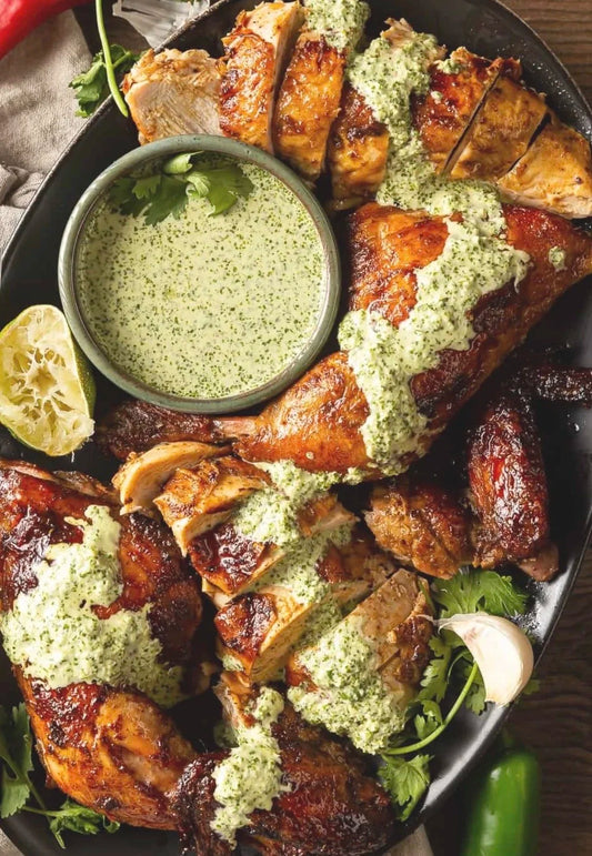 Crispy Aji Verde Chicken with Tri-Colored Quinoa and Broccoli Slaw