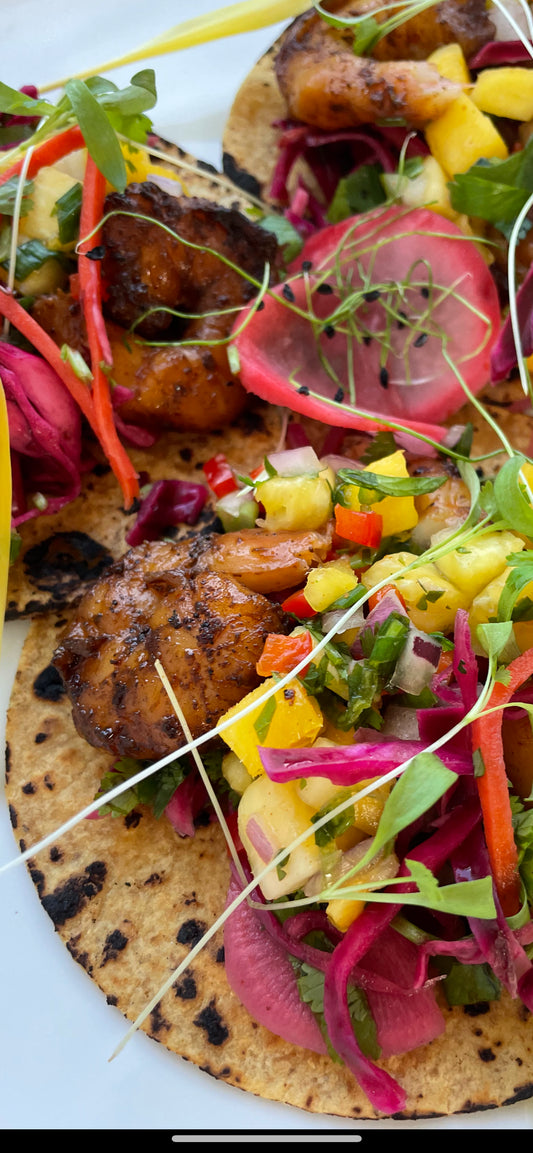 Blackened Shrimp with Tropical Slaw and Late Summer Salad