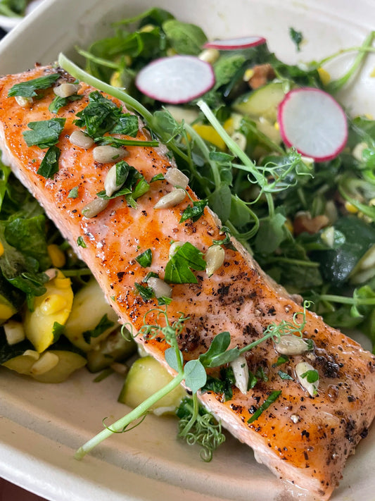 Crispy Lemon Dill Mediterranean Salmon with Famous Broccoli Salad (WED)