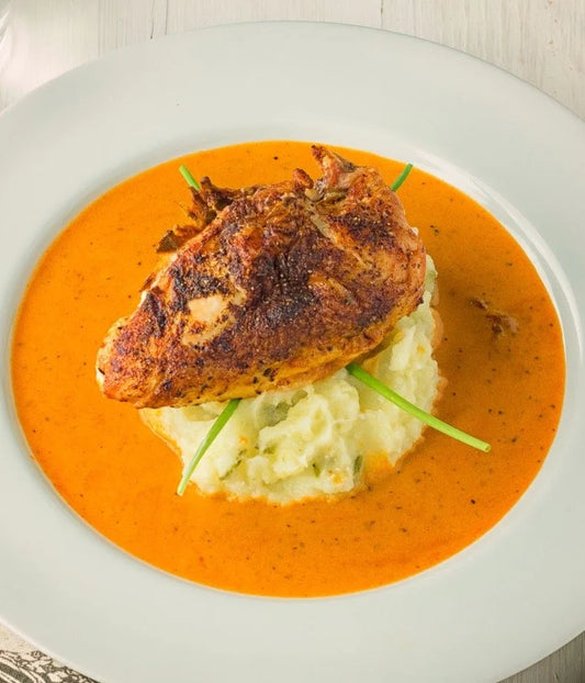 Louisiana Chicken with Creamy Saffron Polenta and Spring Veggies
