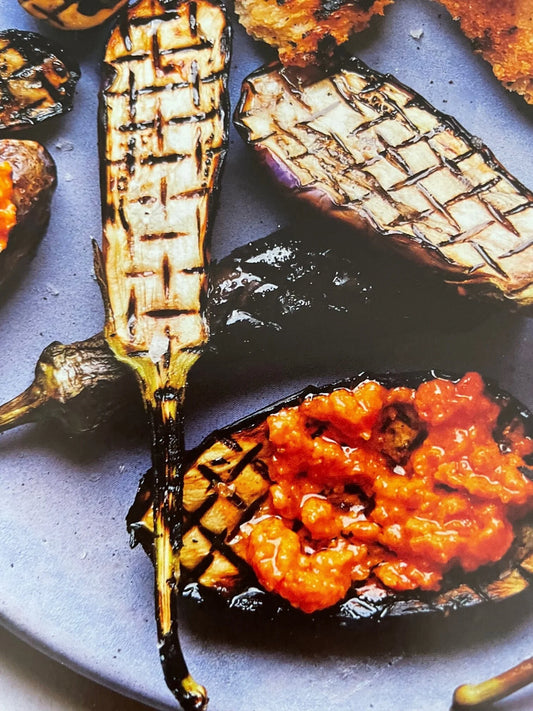 Romesco Baby Eggplant and Braised Veggies and Crunchy Early Autumn Salad