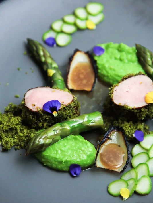 Espresso Rubbed Pork Tenderloin with Celeriac Puree and Purple Asparagus
