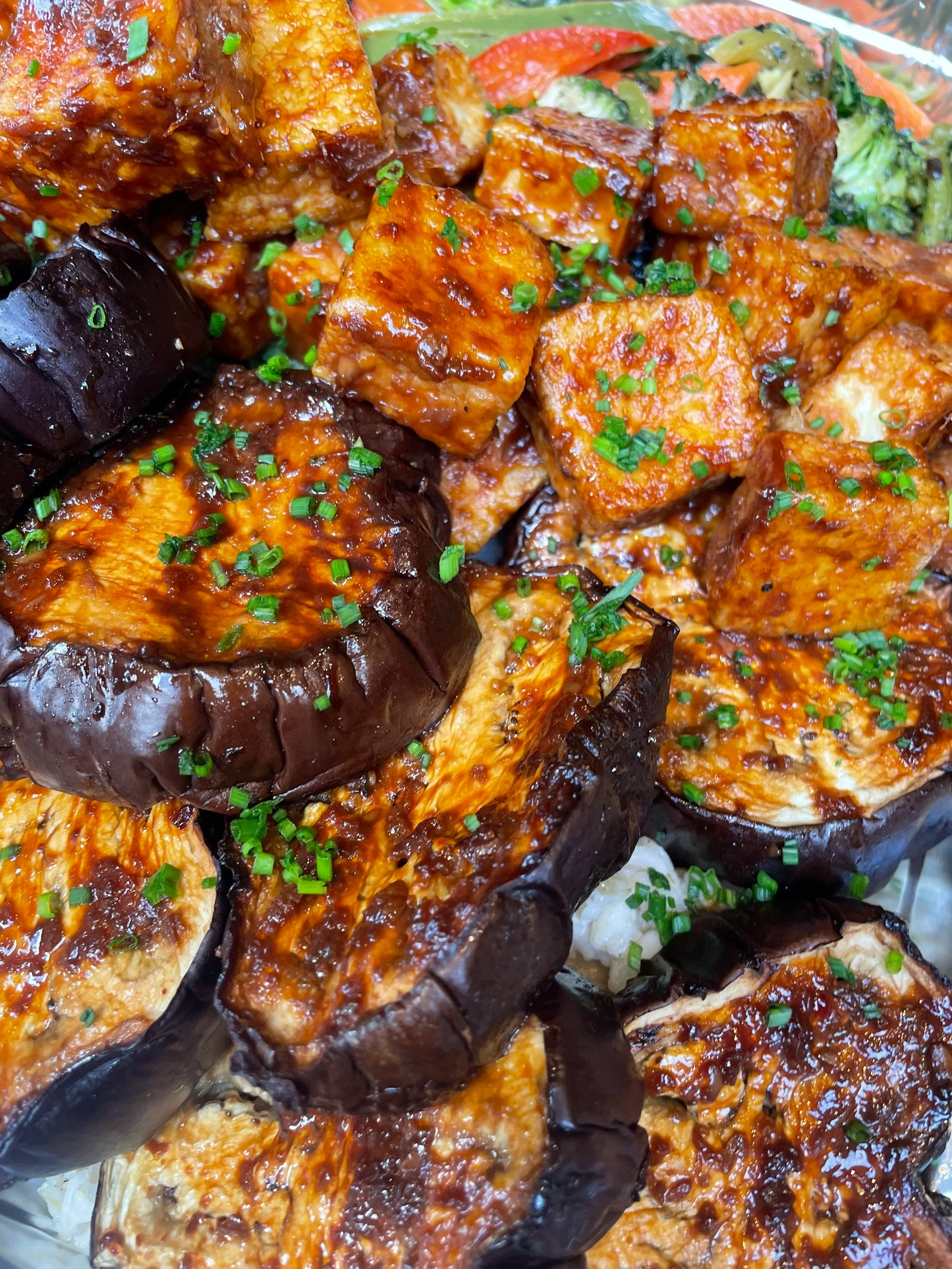 Blood Orange Tofu and Eggplant With Green Quinoa and Spring Greens (Vegan)
