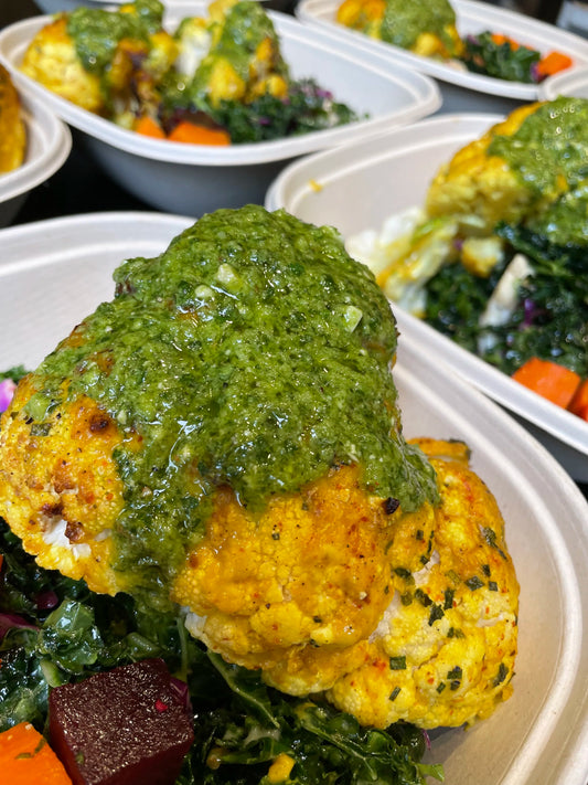 Guasacaca Verde Farro Balls with Tri-Color Quinoa and Broccoli Slaw