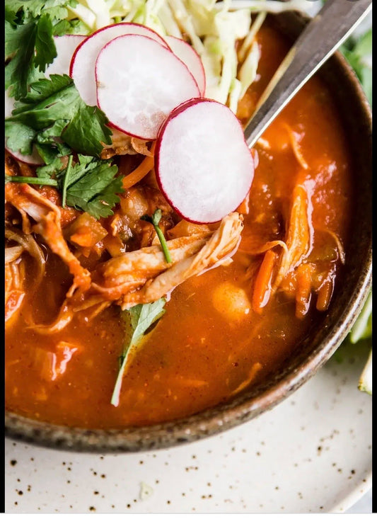 Pozole Rojo with Salsa (Chicken or Shrimp)