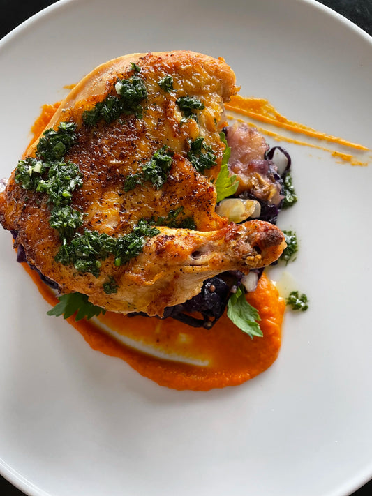 Crispy Chicken with Spring Crudo Over Smashed Pea & Cauli Puree