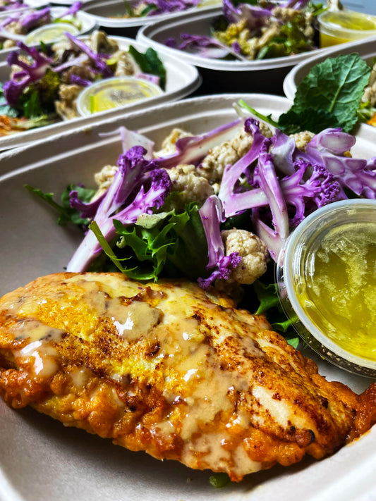 Lemon Pepper Paillard with Broccoli Salad