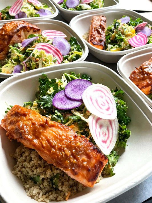 Honey Garlic Soy Glazed Salmon Seasoned Brown Rice and Snow peas