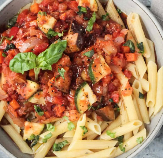 Summer Garden Pasta with Veggies and Housemade Pomodoro (With or Without Turkey Sausage)