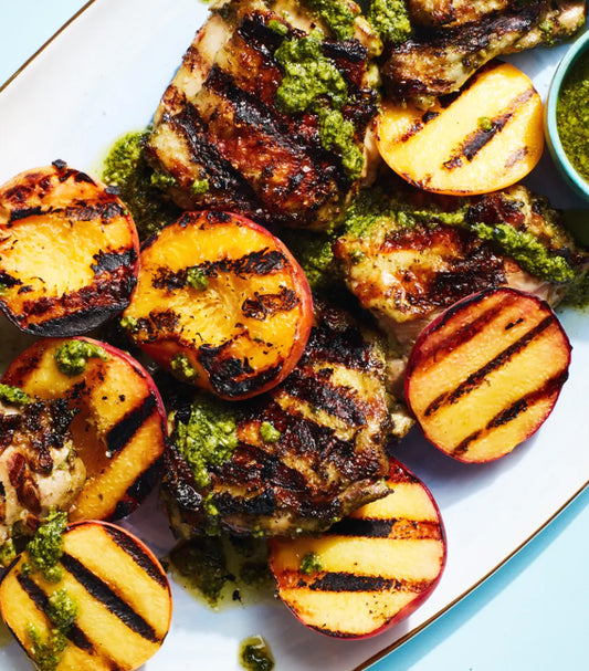 Pesto Grilled Chicken with Peaches and Best of Farmers Market Summer Salad with Tahini Dressing