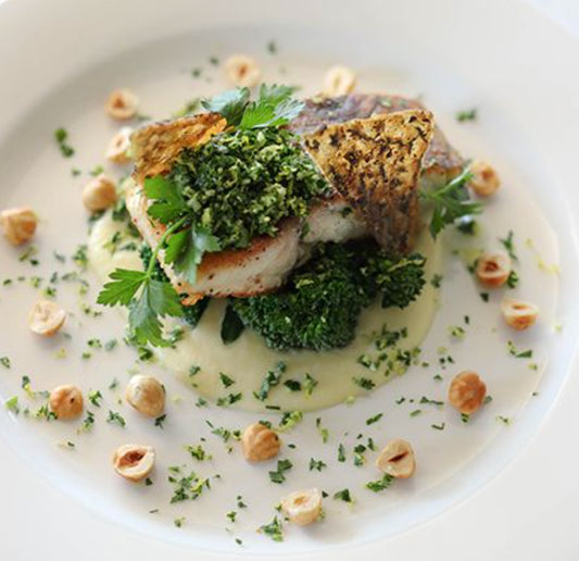 Provençal Salmon Over Cauli Soubise with Late Summer Veggies