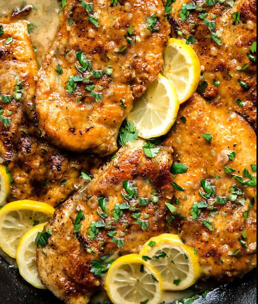 Summer Chicken Francese with Farro Broccoli Salad