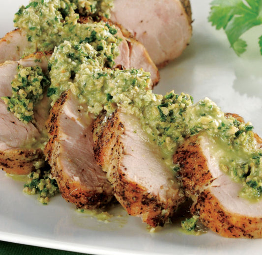 Roast Pork with Green Hazelnut Miso Pesto