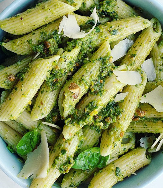 Gluten Free Pasta with Pistachio Basil Pesto and Turkey Sausage