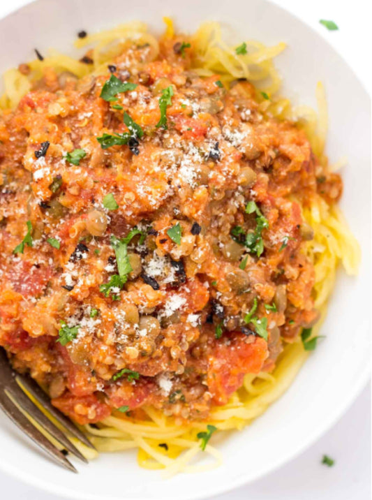Autumn Tuscan Country Side Ragu de Meansane Over Spaghetti Squash (Vegan)