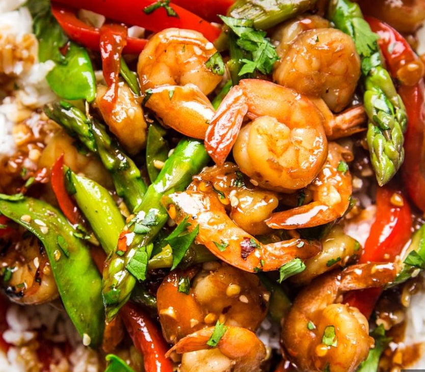 Velvet Black Pepper Shrimp with Kimchi Rice and Miso Glazed Veggies