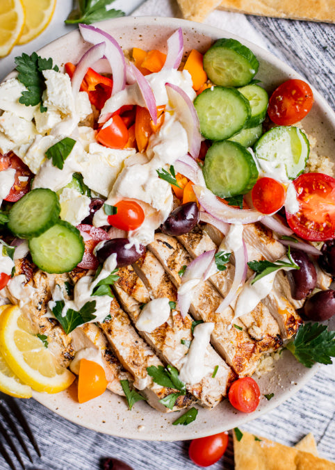 Souvlaki Chicken, Salata Horiatiki, Tzatziki