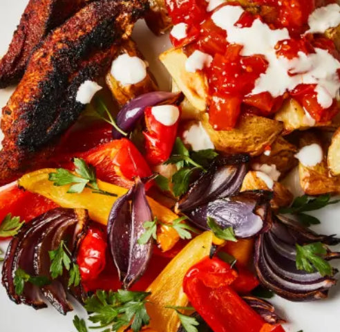 Chile Citrus Chicken or Shrimp with Papas Bravas