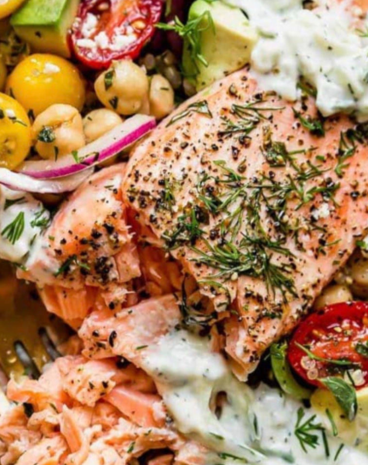 Greek Salmon, Salata Horiatiki, Whipped Feta