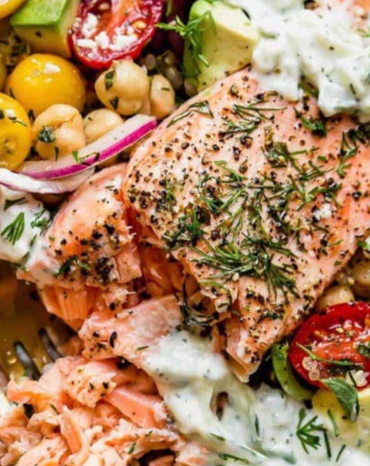 Greek Salmon, Salata Horiatiki, Whipped Feta