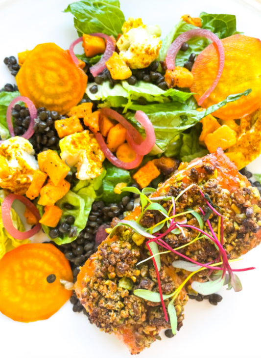 Pistachio-Crusted Salmon, Grilled Peaches, Summer Salad (MON)