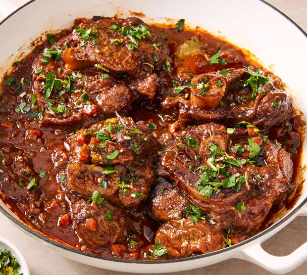Braised Osso Bucco with Pearled Couscous Honey-Glazed Baby Carrots