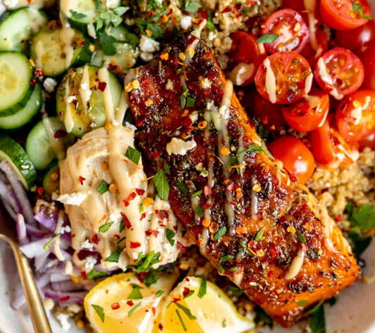 Greek Lemon Salmon, Greek Salad, Tahini Sauce (MON)