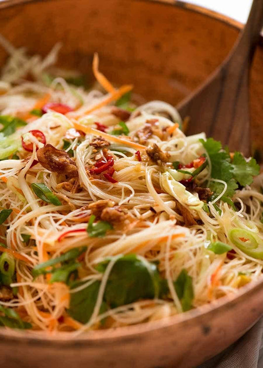 Rice Noodles With Ginger Lime Chicken, Shaved Veggies and Peanut Sauce