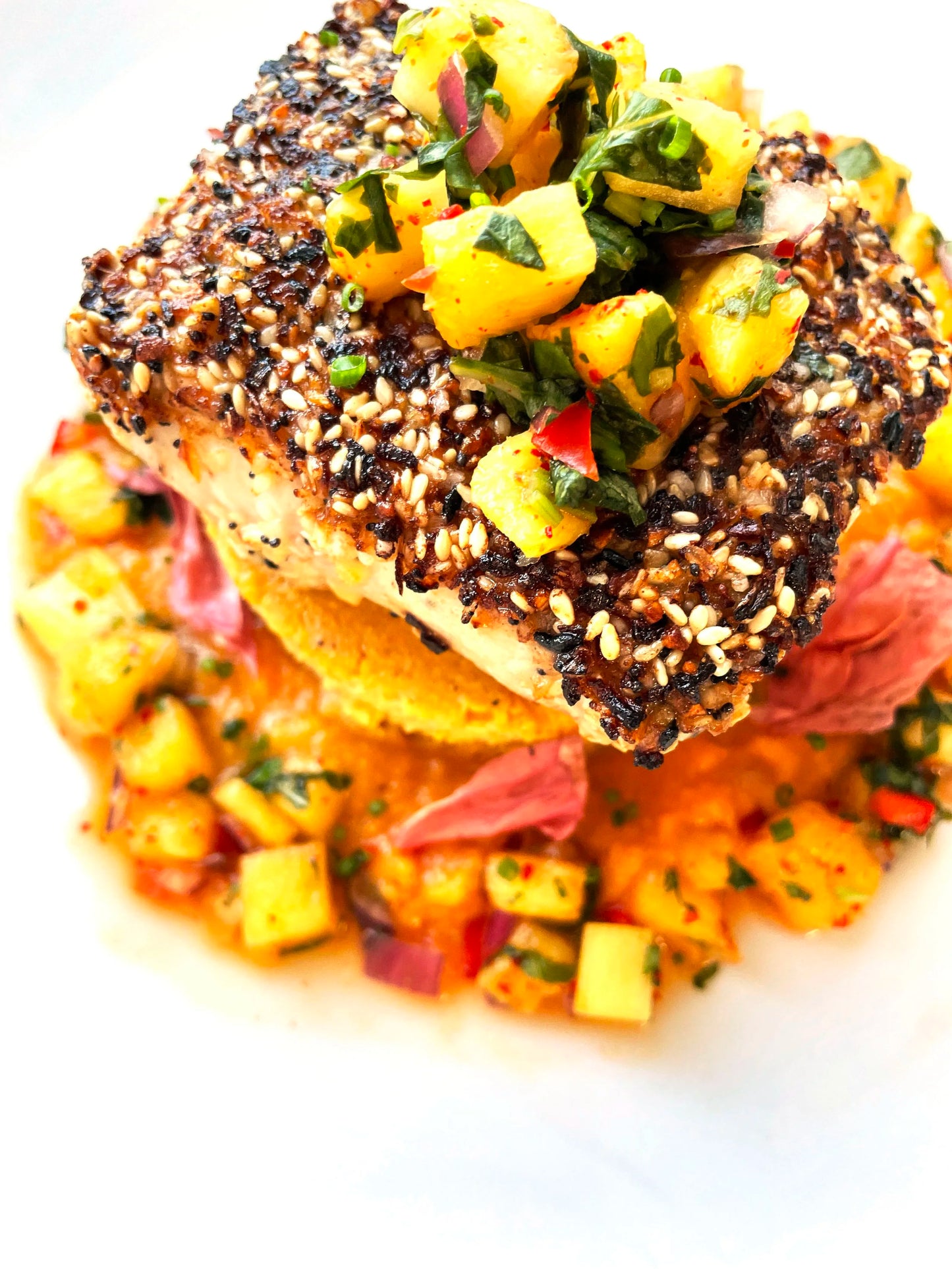 Everything Spice Mahi with Smashed Pea Puree and Honey Chile Radishes