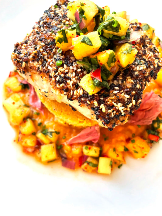 Everything Spice Mahi with Smashed Pea Puree and Honey Chile Radishes