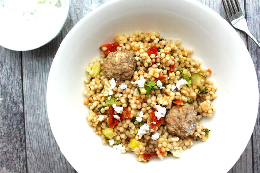 Greek Meatballs with Quinoa Tabbouleh and Summer Veggies