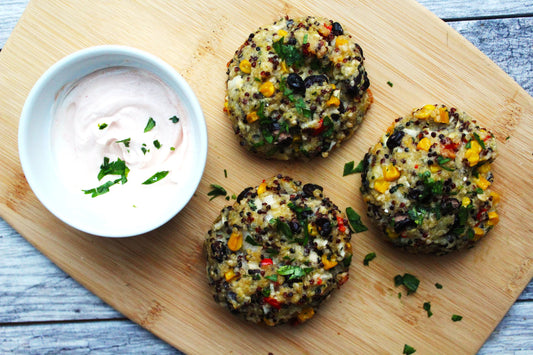 Greek Quinoa Sliders with Green Tahini Pesto and Quinoa Tabouli  (Vegan)