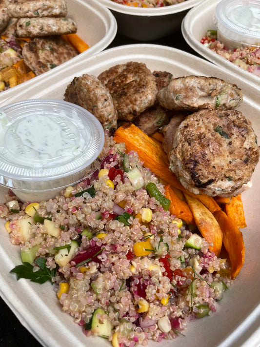 Pesto Turkey Sliders Over Greens with Dairy-Free Tzatziki and Greek Salad