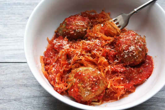 Chickpea Pasta with Housemade Tomato Sauce and Pesto Meatballs