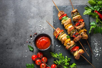 Grilled Chicken and Veggie Skewers With Big Fat Greek Summer Salad
